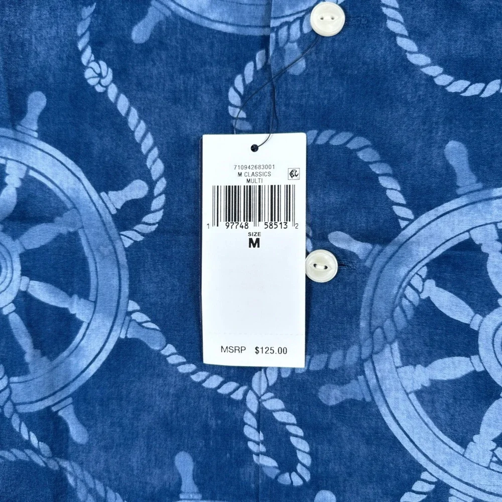 Polo Ralph Lauren Shirt Mens M Blue Ship Wheel Rope Linen Nautical Button Down